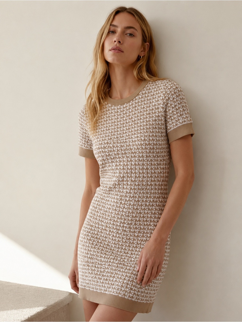 MICHAEL KORS XS Logo Jacquard Knit Mini Dress Tan Cream Short Sleeve Monogram